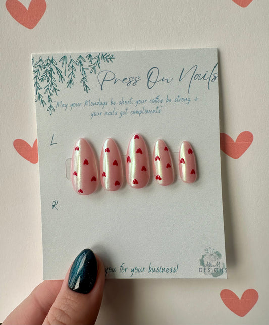Pink Chrome With Red Heart Nails